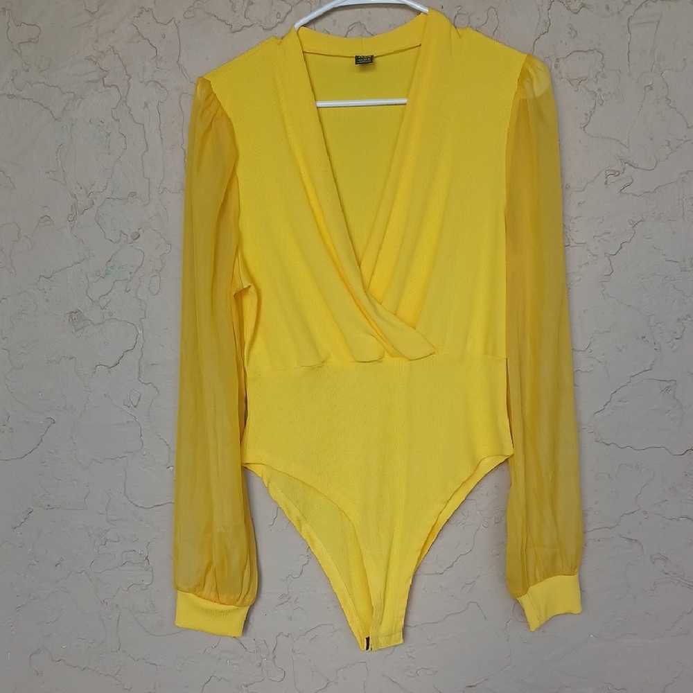 SHEIN Yellow Long Sleeve Surplice Bodysuit